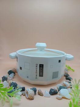 White Geometric Ceramic Serving Bowl with Transparent Cover - 800ml
