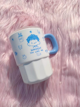 Cartoon Ceramic Mug with Lid and Straw