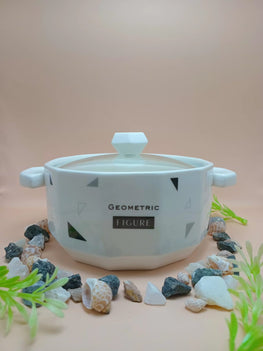 White Geometric Ceramic Serving Bowl with Transparent Cover - 800ml