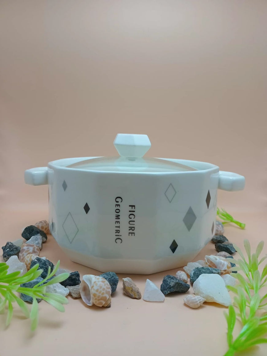 White Geometric Ceramic Serving Bowl with Transparent Cover - 800ml