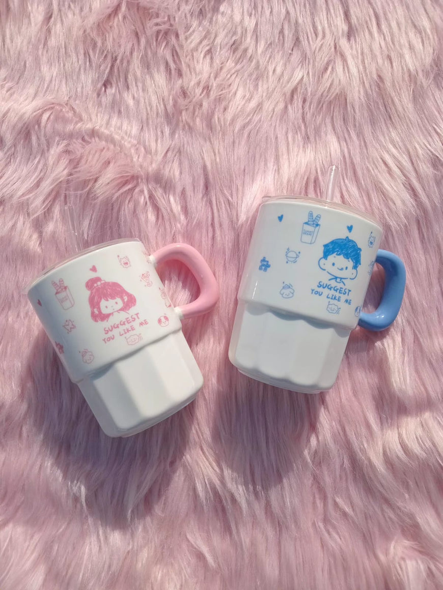 Cartoon Ceramic Mug with Lid and Straw